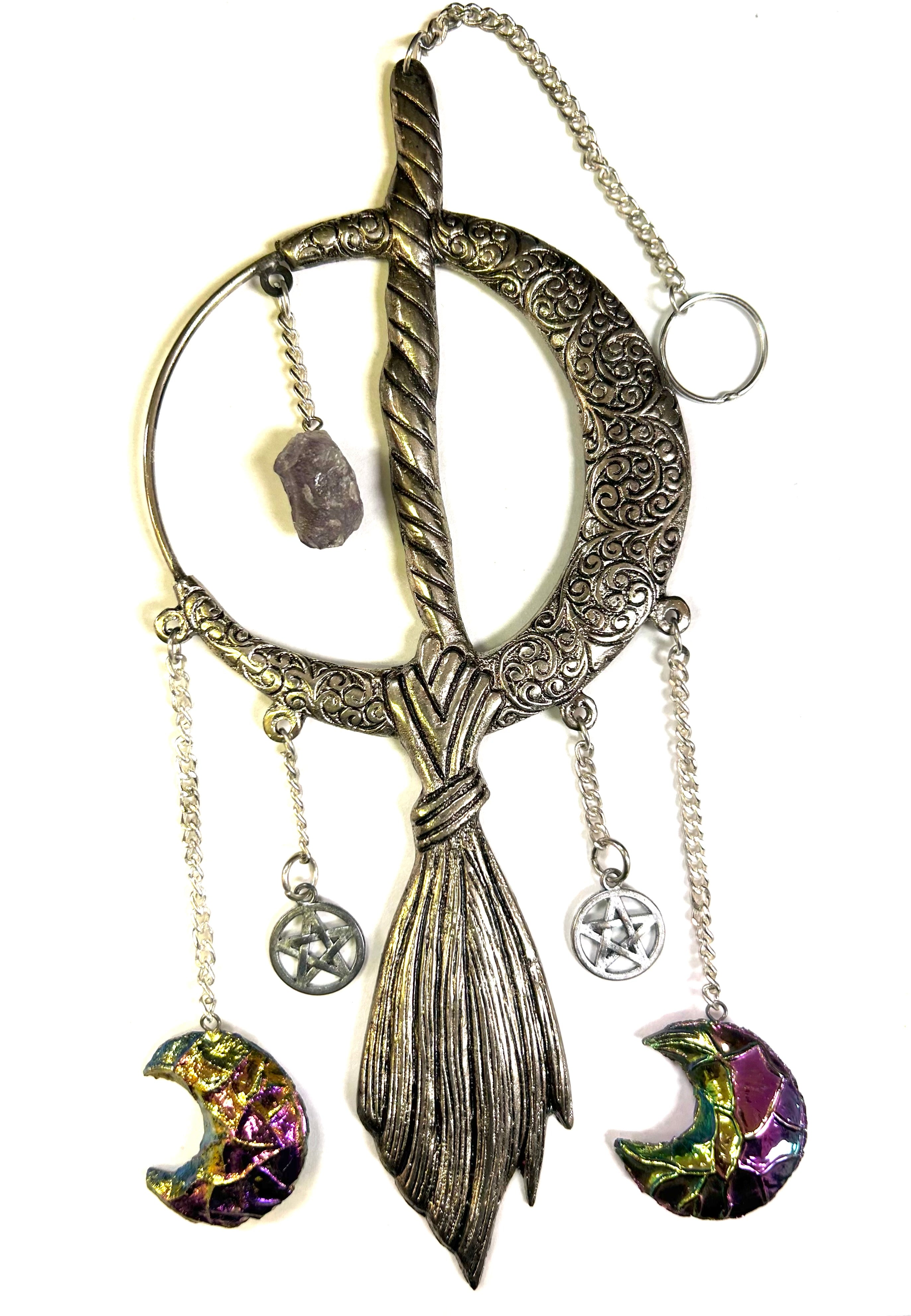 Metal Moon Broom w/ Amethyst Hanging 16” - Lighten Up Shop