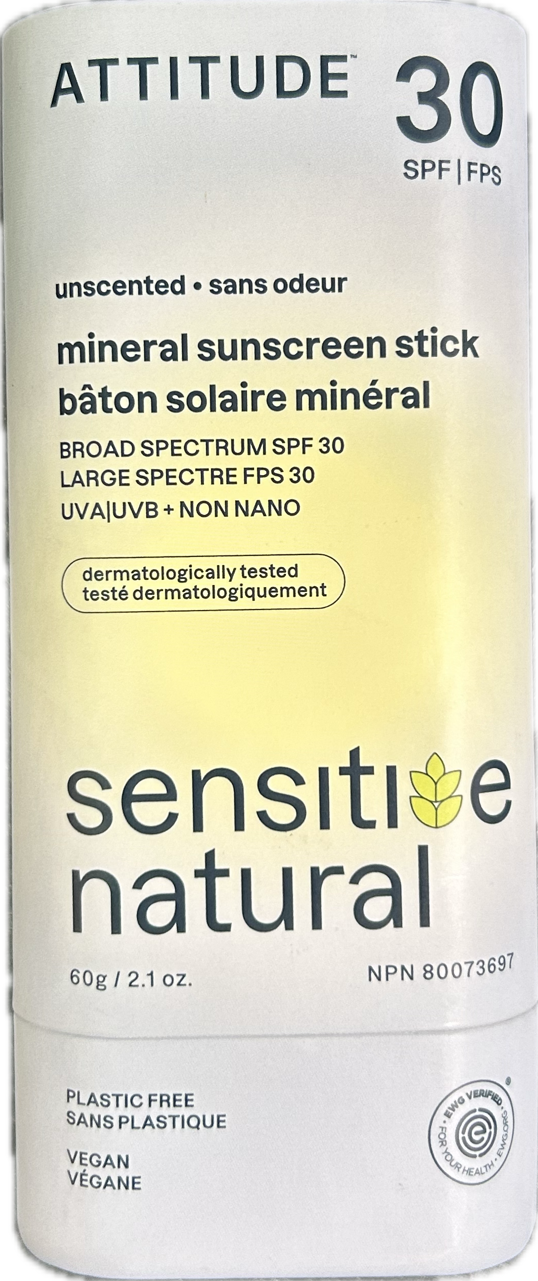 Attitude Mineral Sunscreen Sensitive Face Stick SPF 30 Unscented - 60g - Lighten Up Shop