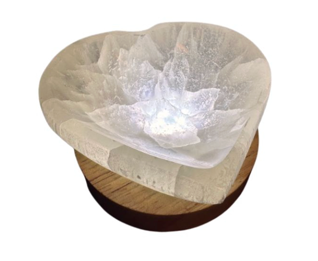 Selenite Heart Dish on White LED Base